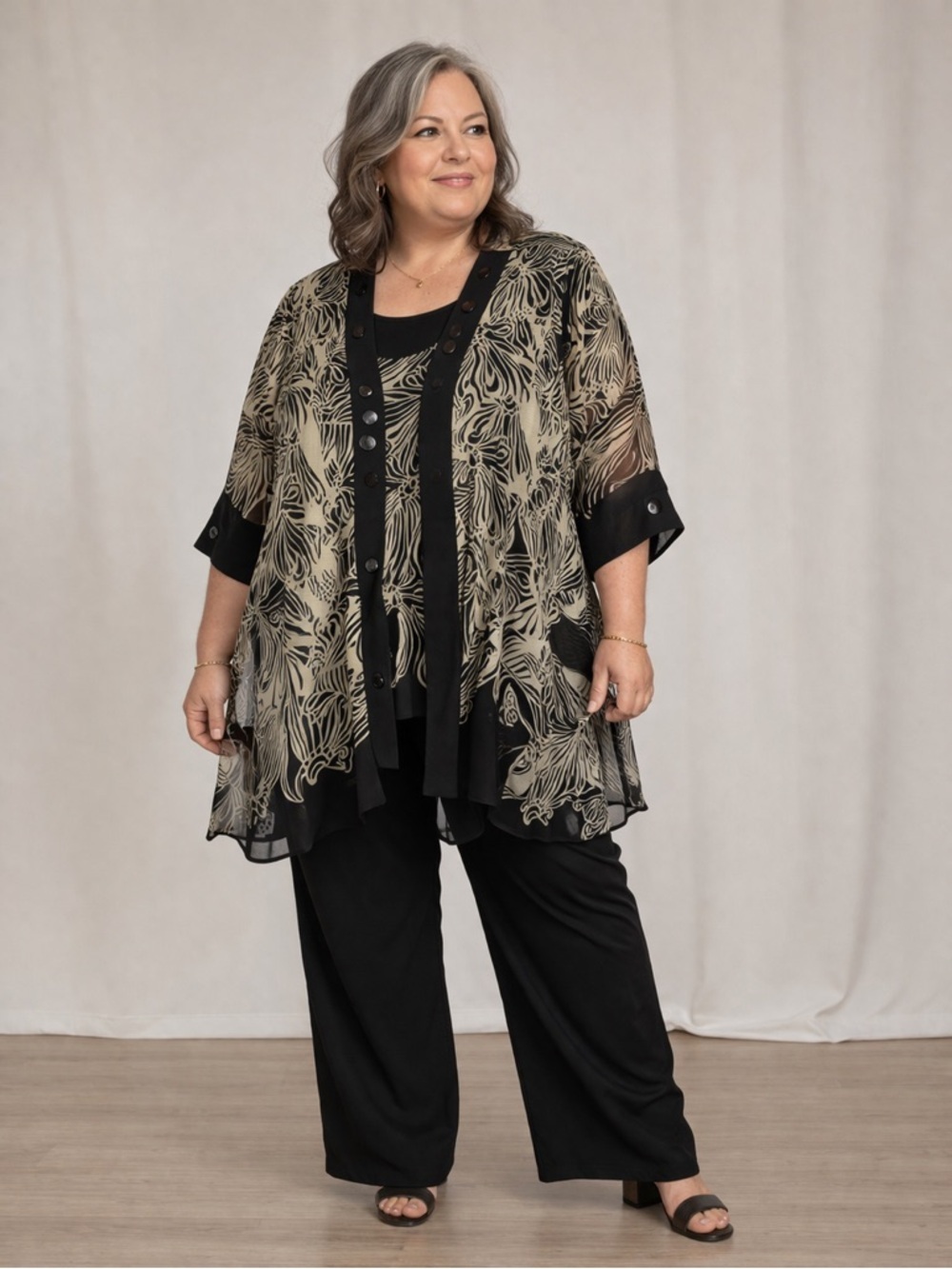 Penningtons Black and Cream Elegant 2-piece Top Set Patterned Sheer Jacket